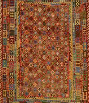 A woven kelim carpet, various colors are used, mainly orange