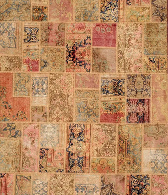 A beige patchwork carpet with orange/pink details